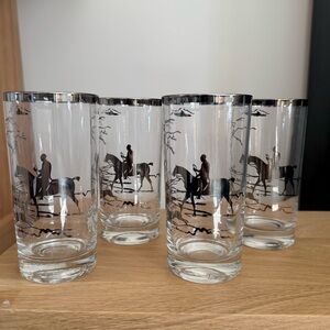 Vintage Set of 4 Cowboy Black Silhouette Horse Equestrian Tumblers Bar Glasses